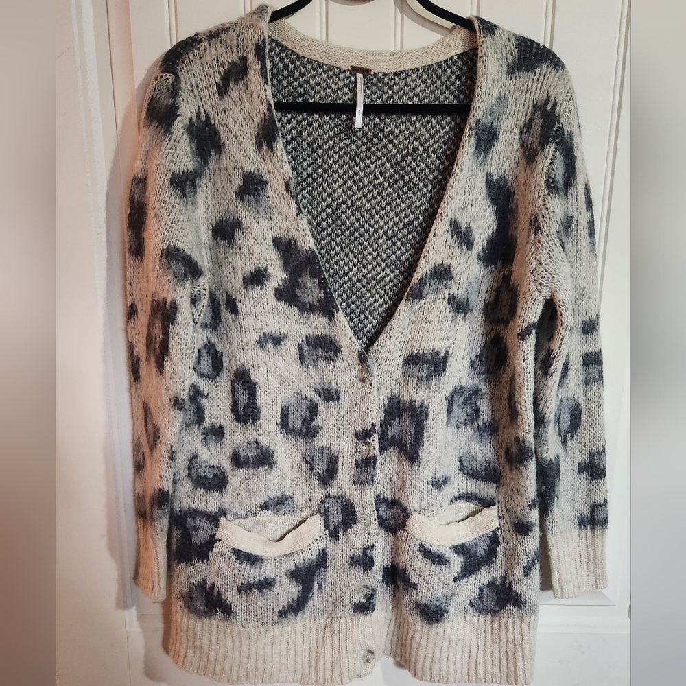 Free People Black and Cream Animal Patterned Cardigan